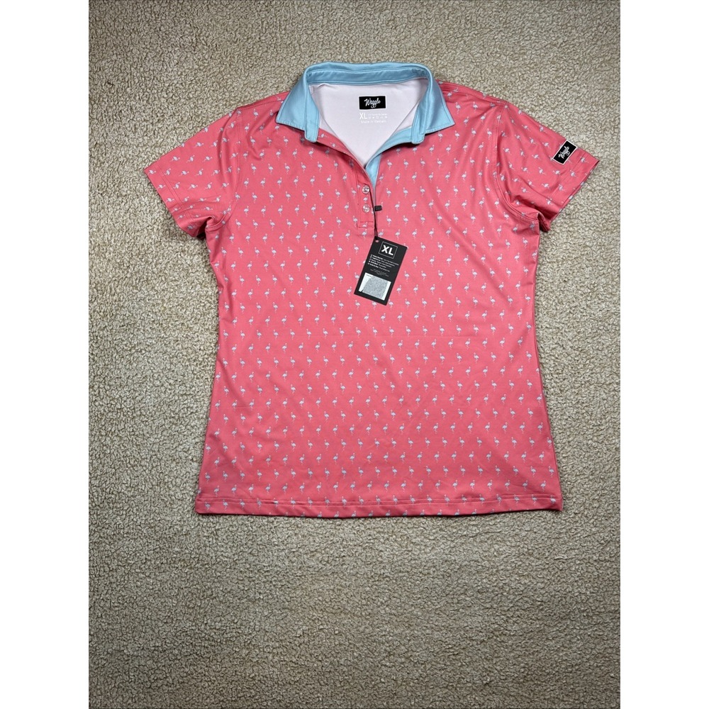NWT Waggle Performance Polo Shirt Womens XL Pink Flamingos Stretch